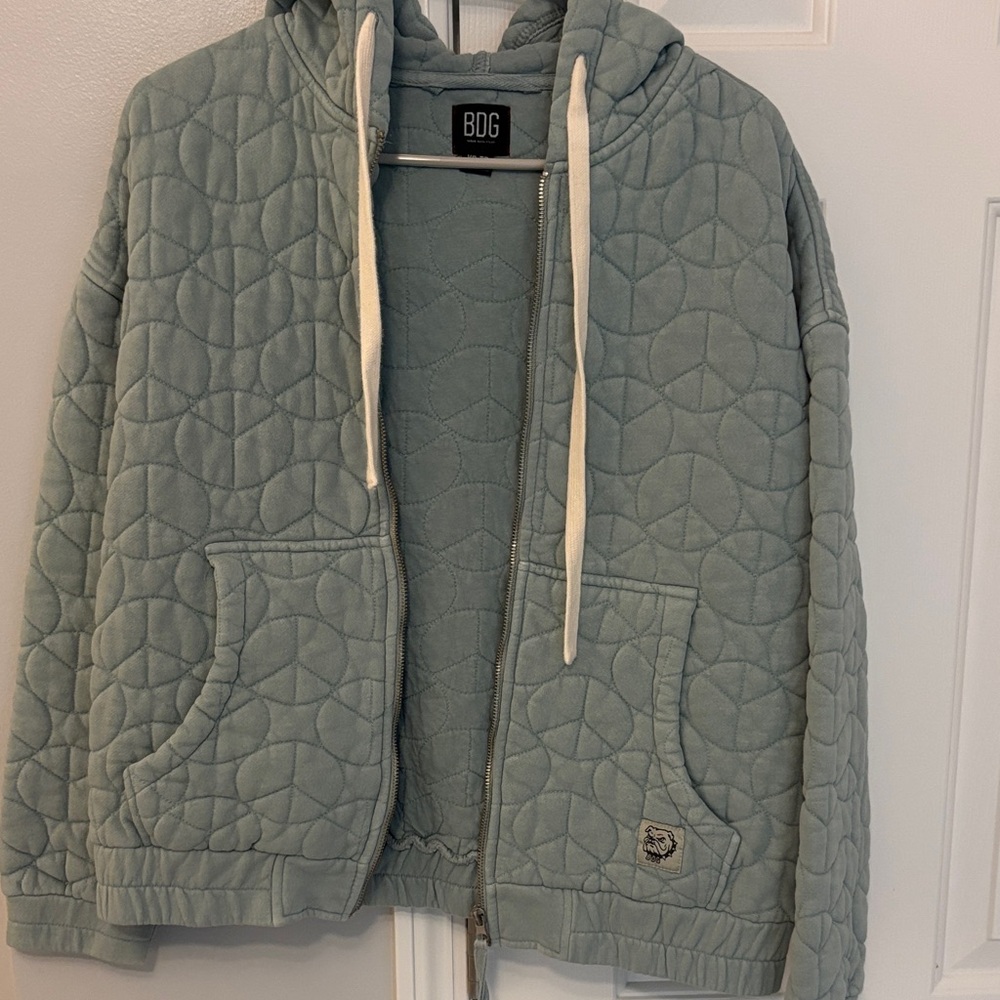BDG Quilted Hoodie Jacket in Blue/Green with Cream Drawstrings